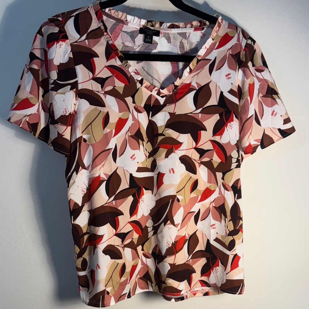 Ann Taylor Factory V-Neck Leaf Print Blouse - Red, Brown, Pink